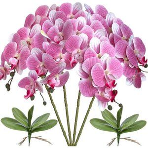 32"Artificial Phalaenopsis Flowers 4 Pcs with 2 Bundles Leaves Artificial Orchid